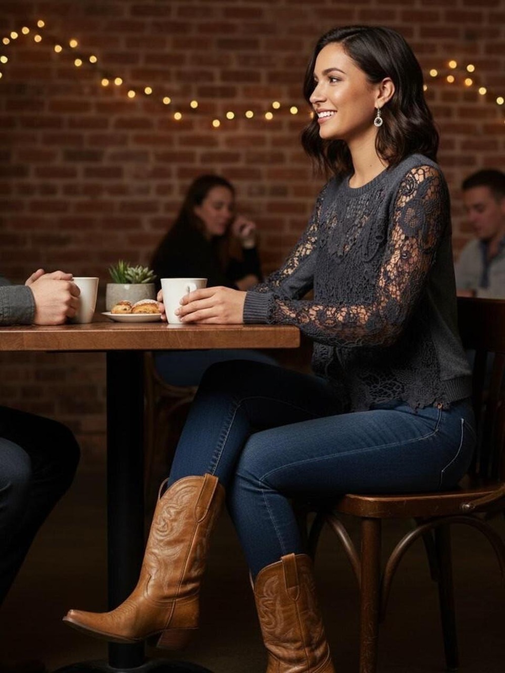 Free People Charcoal Lace-Sleeve Knit Top